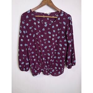 Pink Republic Burgundy Floral Twist Front Long Sleeve Blouse Women’s Large